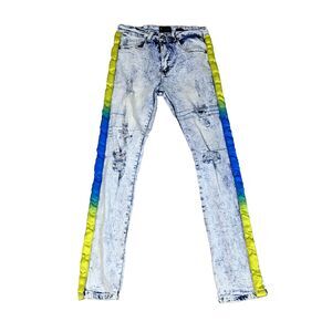 WAIMEA Jeans Men's 30x32 Skinny Fit Neon Blue Green Yellow Stripe Distressed
